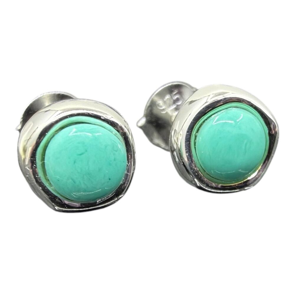 Round Blue Turquoise Post Stud Earrings 925 Sterling Silver Friction Backs - Picture 4 of 5